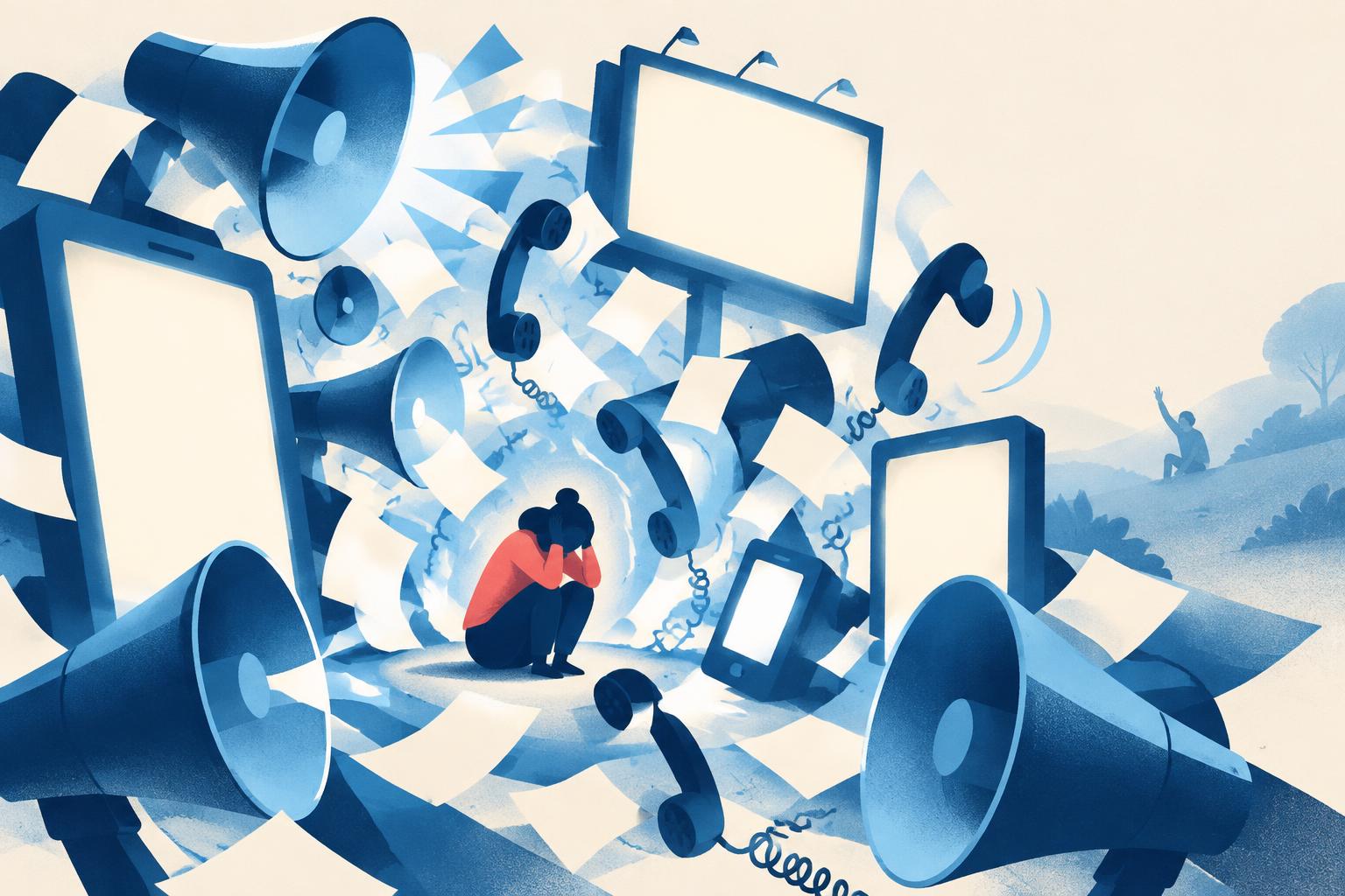 Megaphones, phones and blank screens surround a person while a distant raised hand goes unseen.