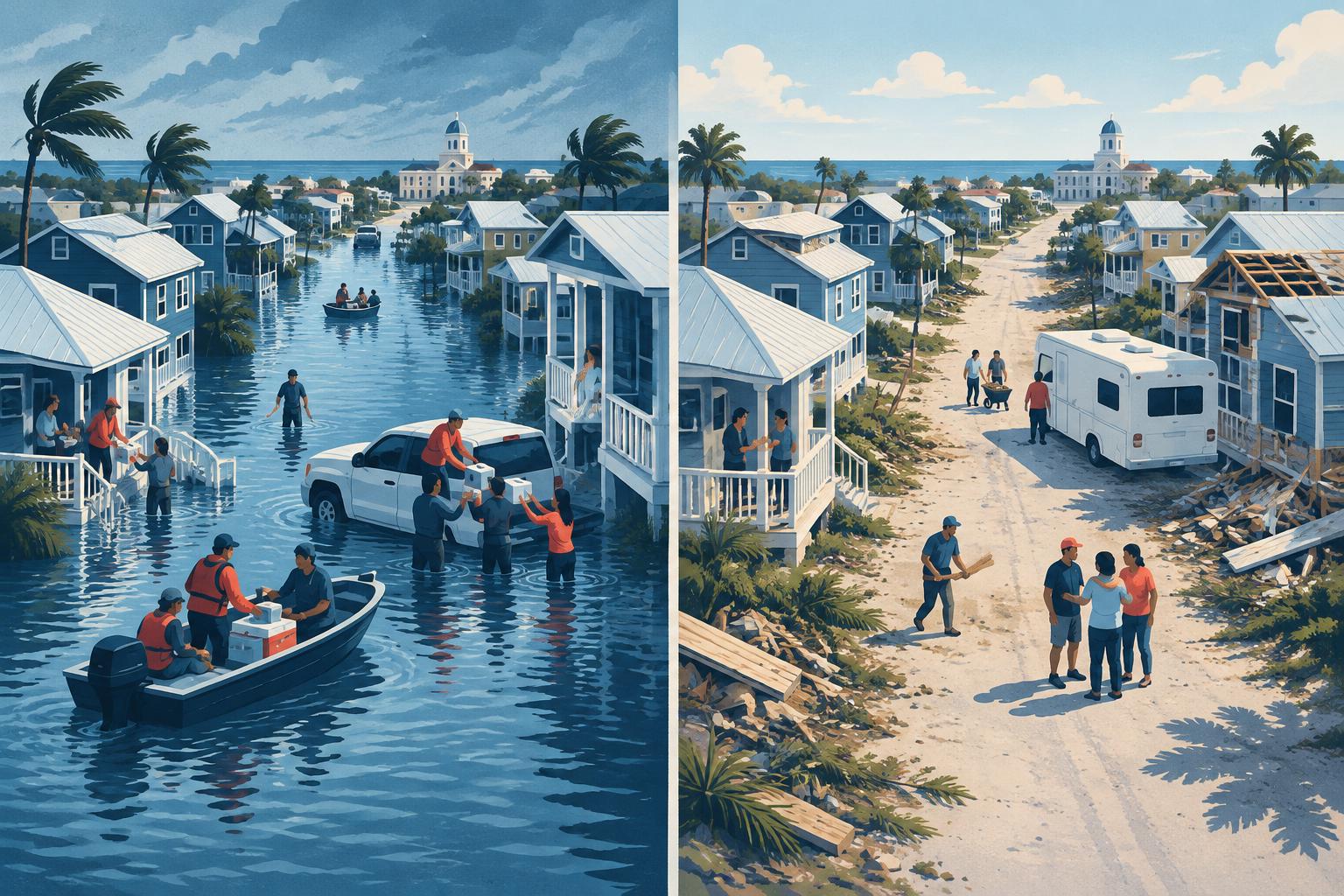 Neighbors help on a flooded Panhandle street, then support recovery beside a home and an RV.