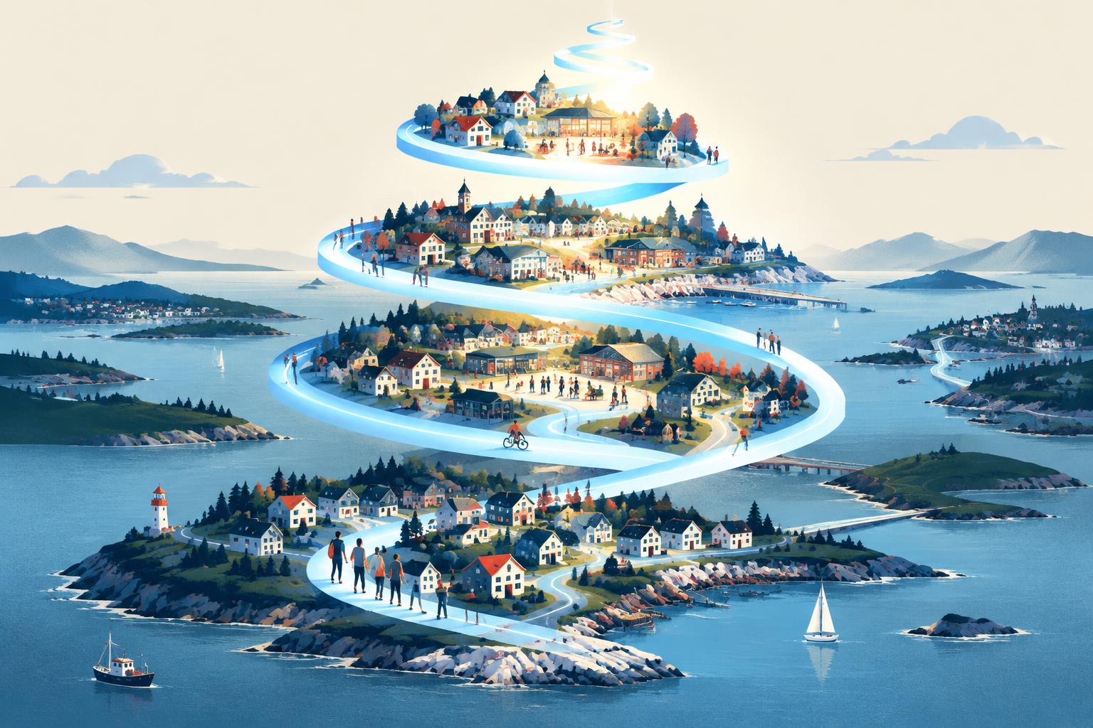 A rising spiral of light connects communities, each becoming better illuminated.
