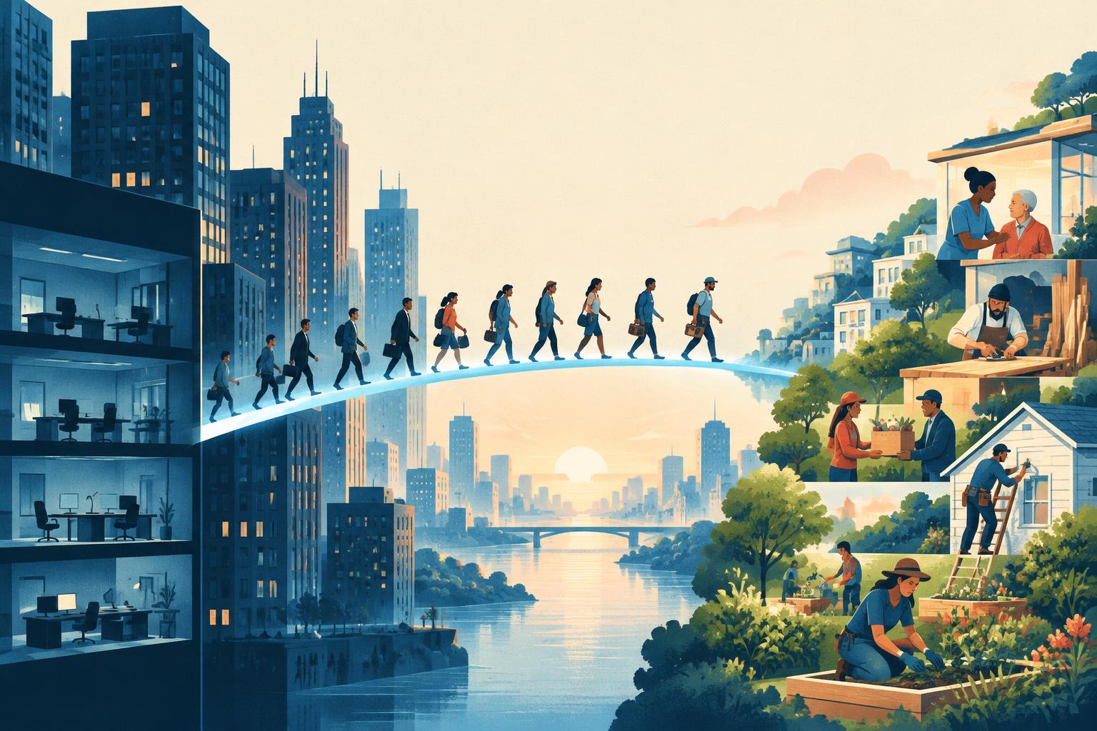 People cross a bridge from dim offices toward caregiving, craft and community work.