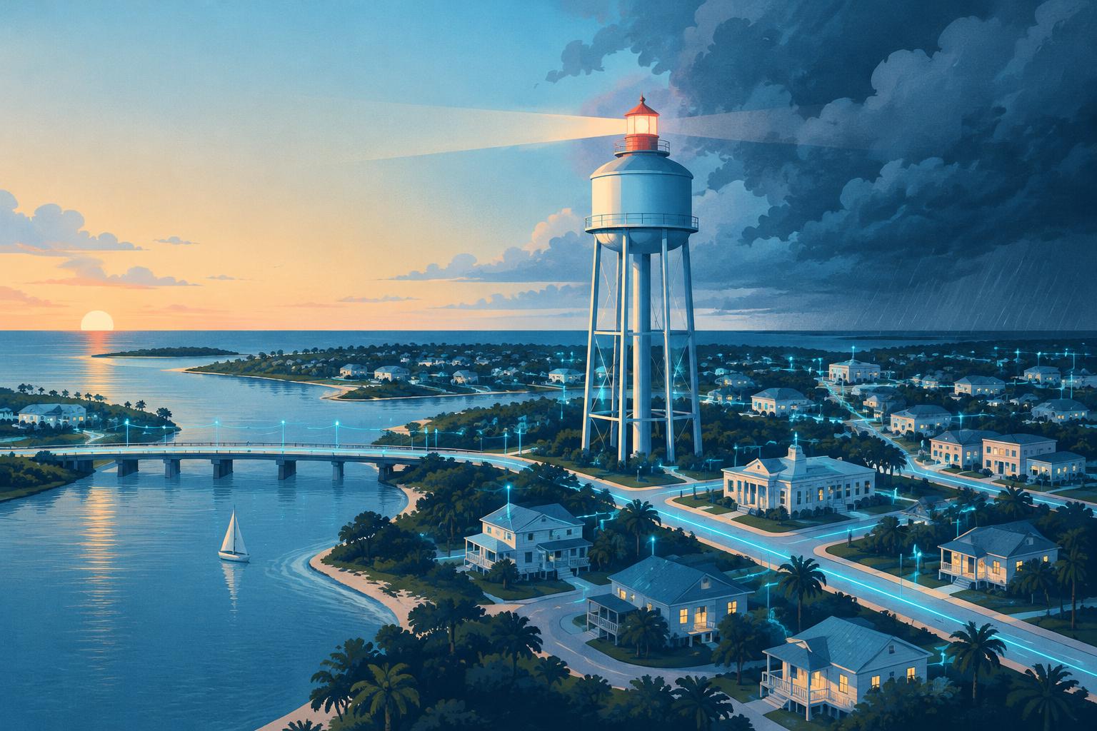 A lighthouse and water tower connect a coastal town through fair weather and storm.